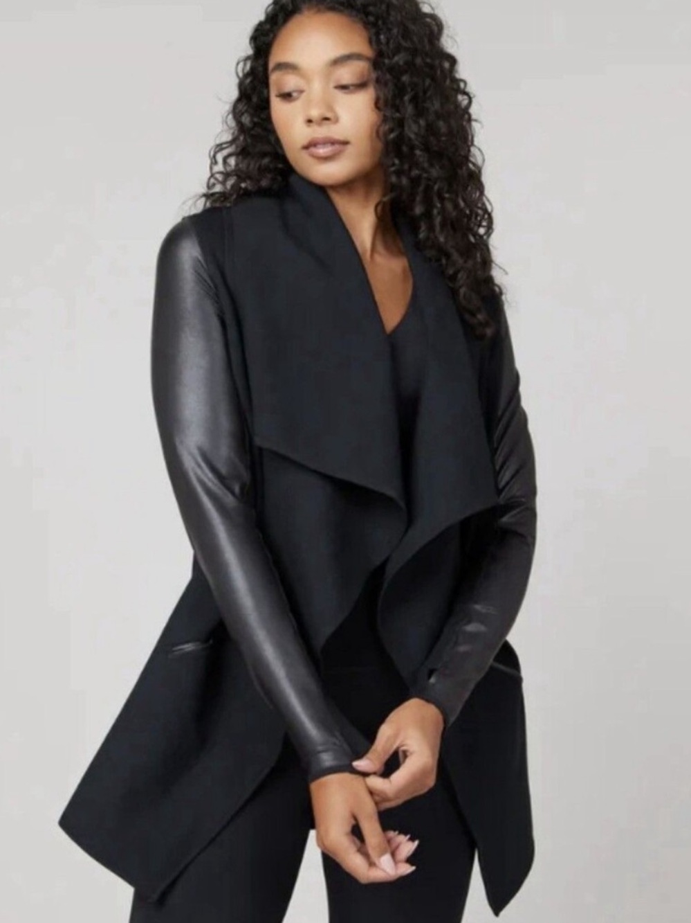 SPANX VERY BLACK DRAPE FRONT JACKET FAUX LEATHER PONTE MEDIUM
